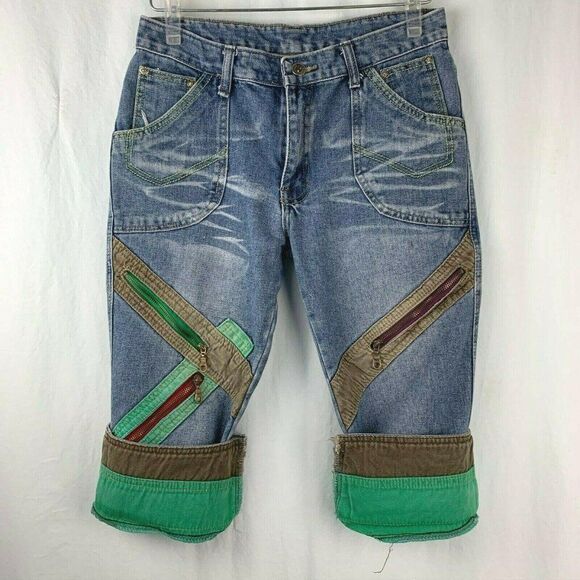 Wear Jeans 28 Med Wash Capri 6 Pocket Zipper Cuffed Color Blocked Button Zip Fly - Picture 1 of 10